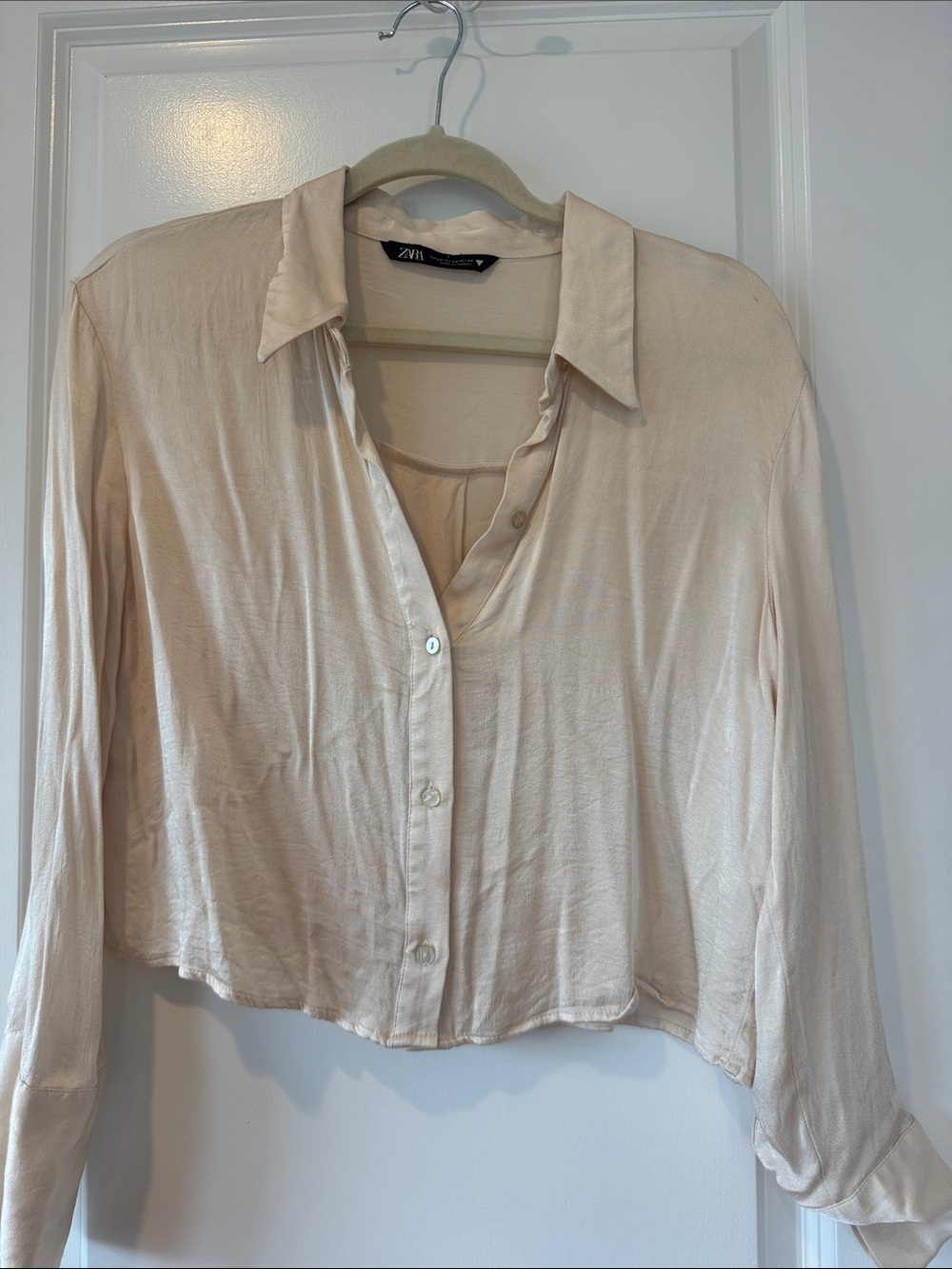 Zara Light Cream Satin Button-Front Shirt